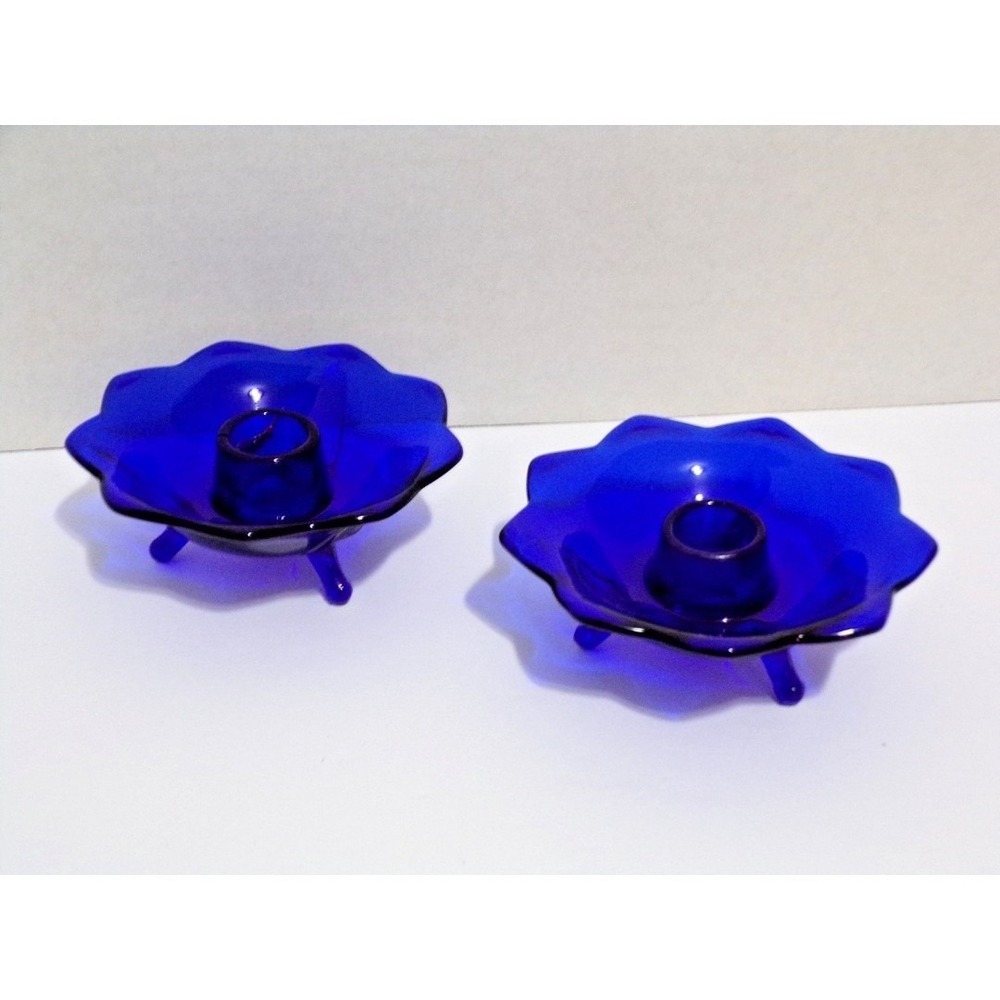 Fenton Cobalt Blue Three Footed Glass Lotus FlowerVintage Candle Holder Set of 2